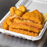 Combo 8 · shrimp 3pc & scallops 3pc & crab stick 3pc & flounder 1pc with fries