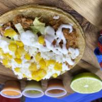 Taco Texas · 7”Tortilla Maiz, Tinga, Tomate, Cebolla, Lechuga, Elote, Crema, Queso, Piquin.
7”Corn Tortil...