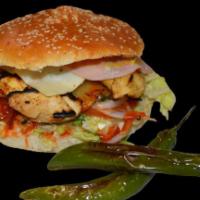 Chicken Burger · Chicken breast, mayonnaise, lettuce, tomato, onion, bacon, yellow cheese, ham, grilled pinea...