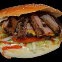 Steak Burger · Meat, steak, mayonnaise, lettuce, tomato, onion, bacon, yellow cheese, ham, grilled pineappl...