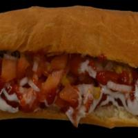 Caveman Foot Long  · 2 winnie wrapped in bacon, grilled onion, tomato, beans, mayonnaise, mustard, ketchup, and g...