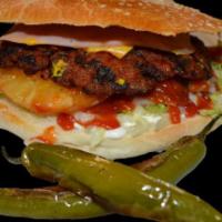 Chorizo Burger · Meat with chorizo, mayonnaise, lettuce, tomato, onion, bacon, yellow cheese, ham, grilled pi...