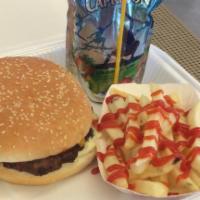 Kids' Meal Bam Bam Burger · Meat, cheese, ketchup, mayonnaise, mustard french fries, and juice.