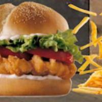 8. Chicken Cheeseburger Combo · Served with fries and soda. 