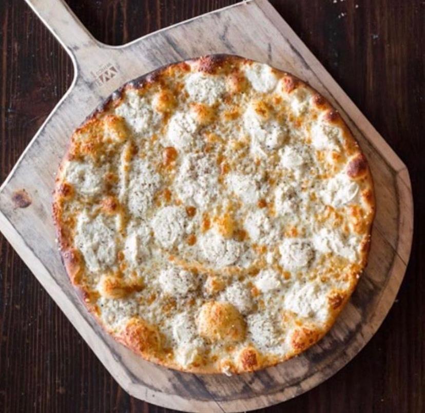 White Pizza Large · Mozzarella cheese, ricotta cheese, garlic paste, olive oil, and black pepper.