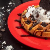 Oh Oreo Waffle · Waffle
Cookies and Cream Ice Cream
Oreo Crumbs
Chocolate Syrup
Whipped Cream