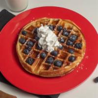 Rustic Waffle · Waffle
Maple Syrup
Blueberries 
Powdered Sugar
Whipped Cream
No Ice Cream