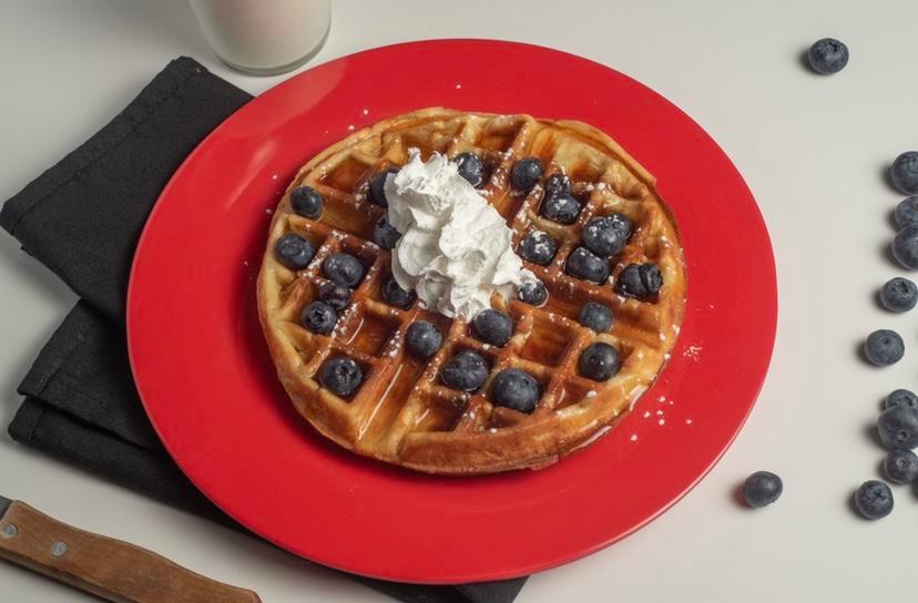 Rustic Waffle · Waffle
Maple Syrup
Blueberries 
Powdered Sugar
Whipped Cream
No Ice Cream