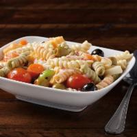 Rainbow Rotini · We start with tri-colored rotini pasta, blend in green peppers, baby carrots, red onions, th...