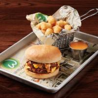 PB&J Burger · Two 1/4 lb. burger patties, creamy peanut butter, bacon onion jam & government cheese.