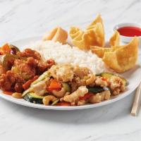 2 Entree Dinner with 2 Appetizers · 2 entrées, rice or noodles, 2 appetizers and fortune cookie.