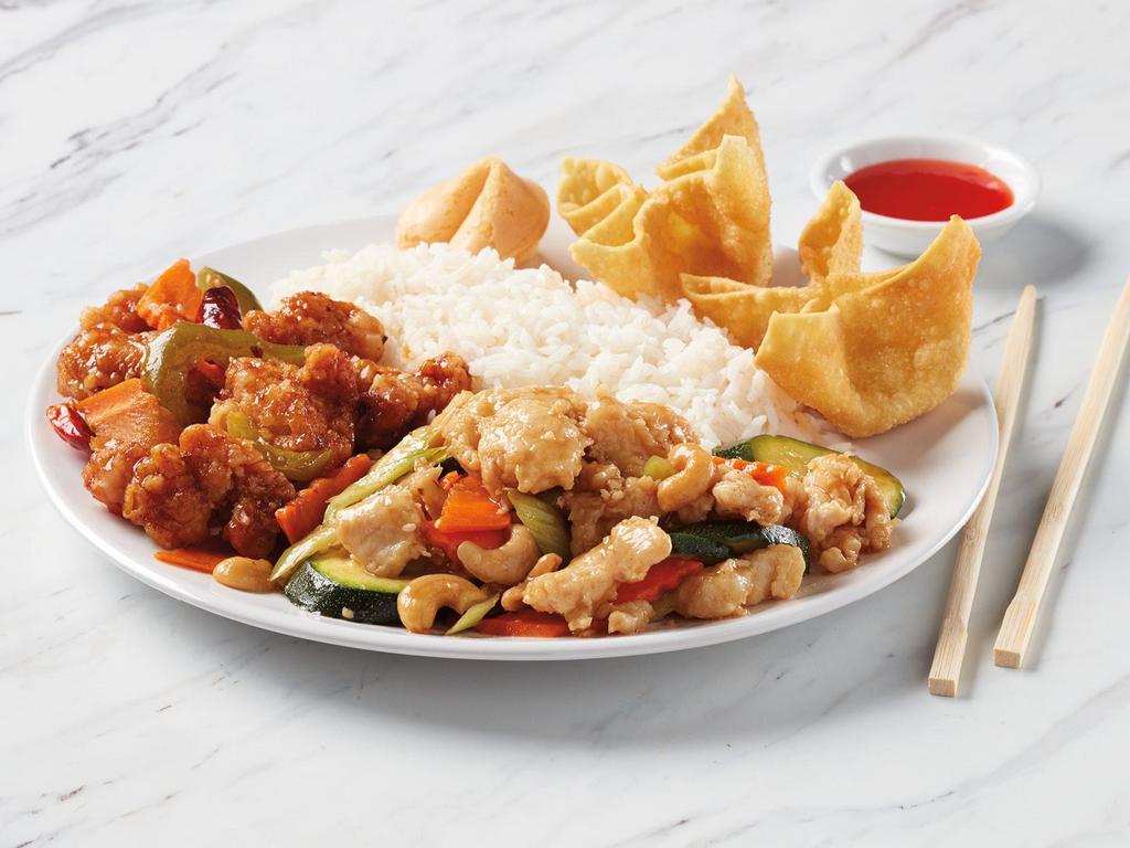 2 Entree Dinner with 2 Appetizers · 2 entrées, rice or noodles, 2 appetizers and fortune cookie.
