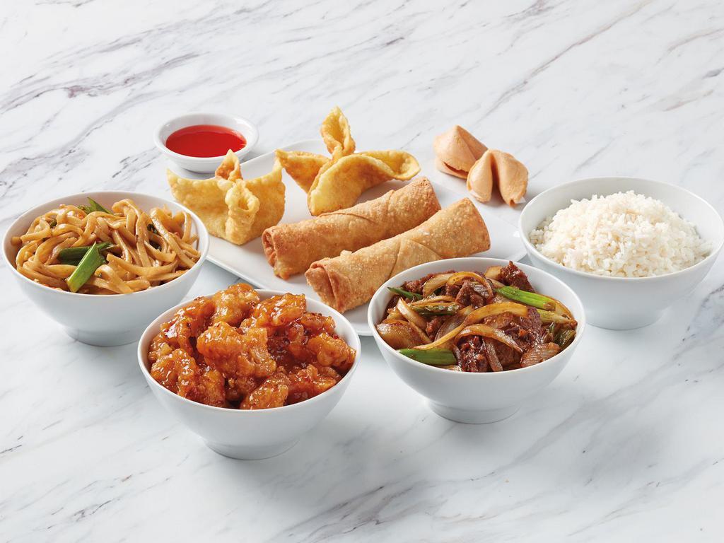 Dinner for 2 · 2 pint entrées, 1 pint rice or noodles, 2 egg rolls, 2 crab rangoons, and 2 fortune cookies.