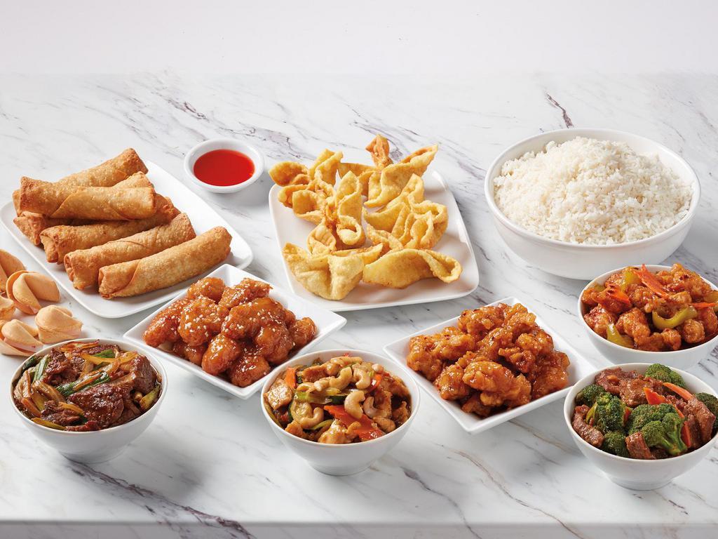Dinner for 6 · 6 pint entrées, 3 pints rice or noodles, 6 crab rangoon, 6 egg rolls, and 6 fortune cookies.