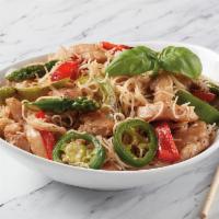 Spicy Basil Chicken · Chicken, red and green peppers, asparagus, jalapenos, basil, pad Thai sauce. Served with ric...