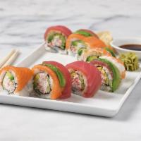 Rainbow Roll · Sushi rice, nori, roasted sesame seeds, imitation crab mix, avocado, cucumber, topped with t...