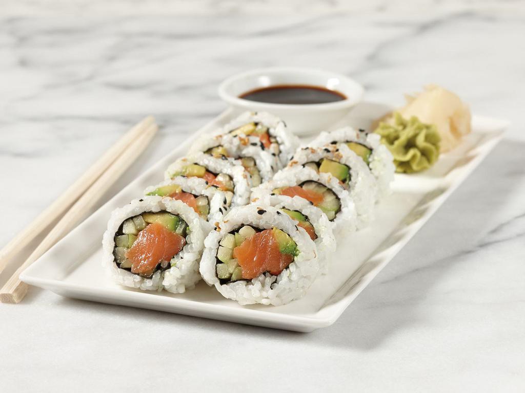 Salmon Roll · Sushi rice, nori, roasted sesame seeds, salmon, avocado, cucumber, sushi sauce, soy sauce, ginger and wasabi. 10 pieces.