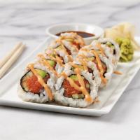 Spicy Tuna Roll · Sushi rice, nori, roasted sesame seeds, spicy tuna, avocados, cucumbers, spicy sauce, soy sa...