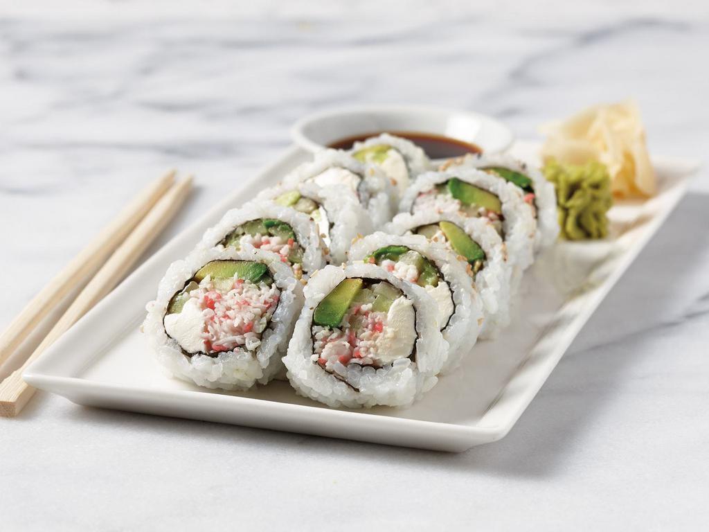 Cream Cheese Roll · Sushi rice, nori, roasted sesame seeds, imitation crab stick, cream cheese, avocado, cucumber, soy sauce, ginger, and wasabi. 10 pieces.