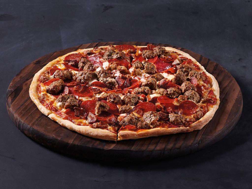 Meat Frenzie Pizza · Classic red sauce, mozzarella, pepperoni, sausage, salami, meatballs, and bacon.