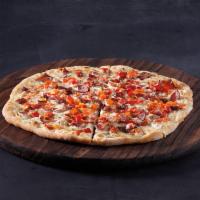 White Bacon Pizza · Garlic cream sauce, Gorgonzola, Applewood bacon & red peppers.