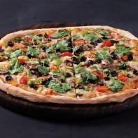 Vegetable Delight Pizza · Classic red sauce, mozzarella, tomatoes, mushrooms, green peppers, black olives, garlic, spi...