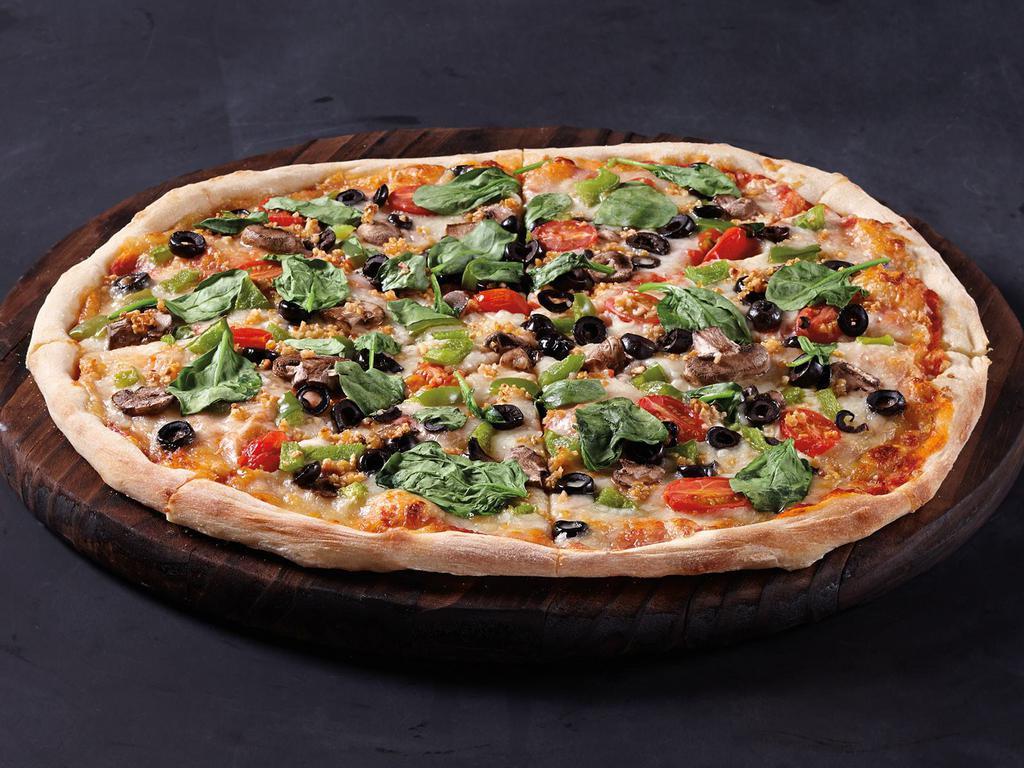 Vegetable Delight Pizza · Classic red sauce, mozzarella, tomatoes, mushrooms, green peppers, black olives, garlic, spinach.