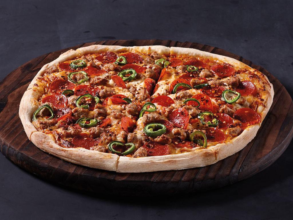 The Spicy Devil Pizza · Spicy red sauce, mozzarella, pepperoni, Italian sausage, jalapenos, crushed red peppers.