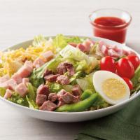 Dilusso Classic Chef Salad · Romaine lettuce with tomatoes, eggs, diced ham, diced turkey, diced beef, Colby-jack cheese ...