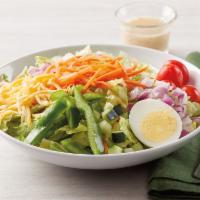 Dilusso Garden Salad · Romaine Lettuce with Colby-jack cheese, tomatoes, eggs, cucumber, red onion, green bell pepp...