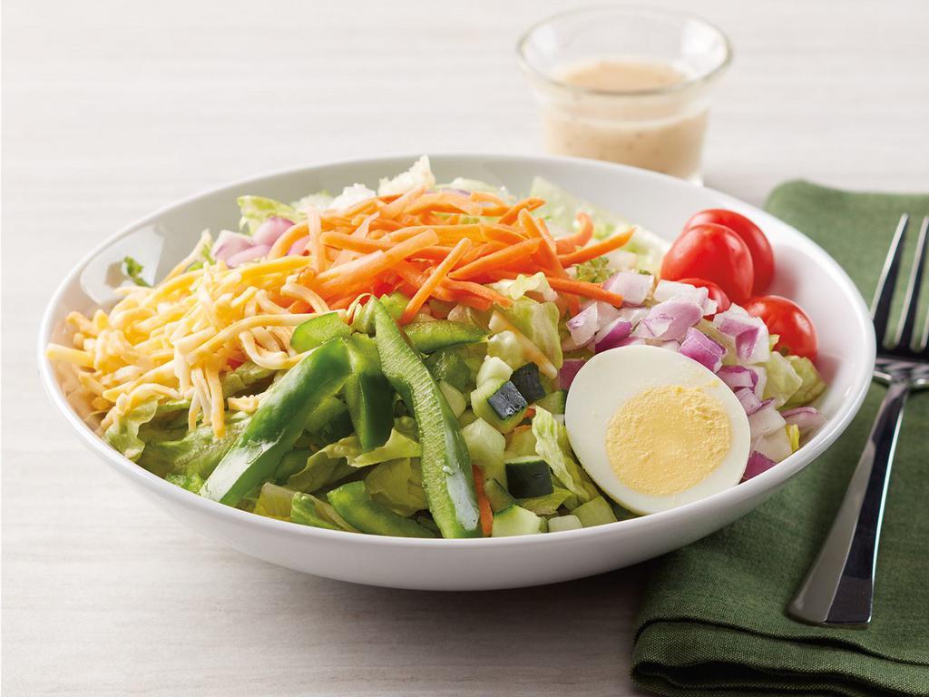Dilusso Garden Salad · Romaine Lettuce with Colby-jack cheese, tomatoes, eggs, cucumber, red onion, green bell pepper, and carrots.