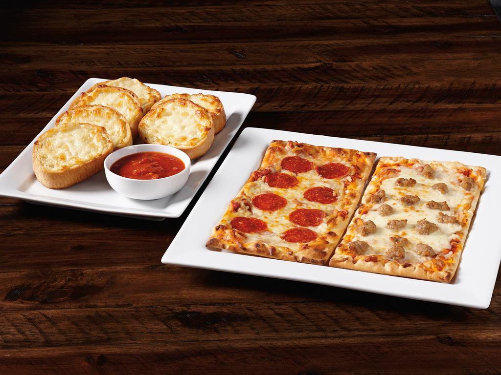 Flatbread Meal · Choose 2 Flatbreads: Pepperoni, Cheese, or Sausage. Choose either 5 piece Breadsticks or 6 piece Garlic Cheese Bread. **Allow time for heating**
