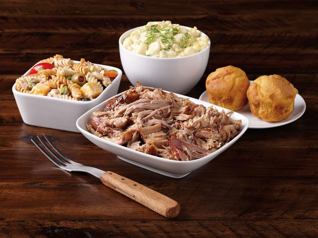 Pulled Pork Dinner for 2 - Served Hot · Includes 1 pound of Pulled Pork- sauced or unsauced, 2 pint sides and 2 dinner rolls.
