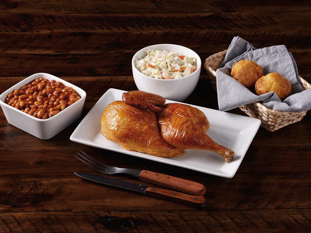 Rotisserie Dinner for 2 - Served Hot · Half Rotisserie Chicken, 2 pint sides of your choice and 2 corn muffins. Served hot. 