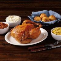Rotisserie Dinner for 4 - Served Hot · Rotisserie Chicken, 3 pint sides of your choice and 4 corn muffins. Served hot.