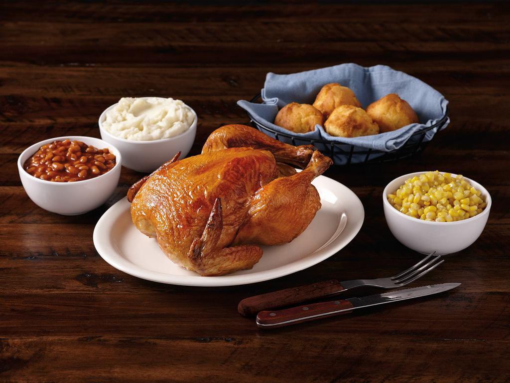 Rotisserie Dinner for 4 - Served Hot · Rotisserie Chicken, 3 pint sides of your choice and 4 corn muffins. Served hot.