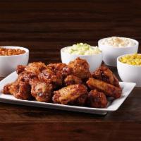 Wings Dinner for 4 - Served Hot · Choice of 3 pounds of boneless wings or 24 colossal wings, plus 4 pint sides of your choice.