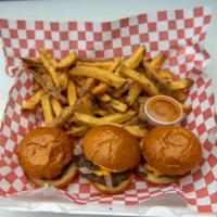 Baby Sliders · 3 beef sliders with onions and peppers and cheese with fries 