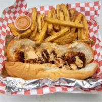 Houston Po'Boy · Fried shrimp with onions peppers Provolone cheese on a hoagie bun with special sauce