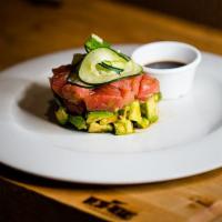 Ahi Tuna Tower · Our chef's creation, a sushi grade ahi tuna marinated in a house made ponzu sauce topped wit...