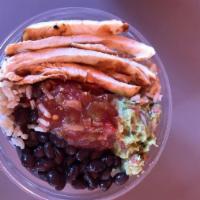 Mexico Bowl · Grilled chicken, homemade guacamole, black beans, cheddar cheese, mozzarella cheese and serv...