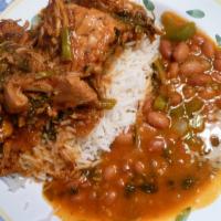 Pollo Guisado.rice,salad & beans · Stew chicken.rice,beans & salad