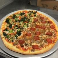 Sunnyside/Woodside Special Pizza · Mushrooms, broccoli, peppers, onions, pepperoni, sausage, ham and meatballs.