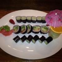 Veggie Roll Combo · Cucumber roll, avocado roll and vegetable roll. Served with soup or salad. 