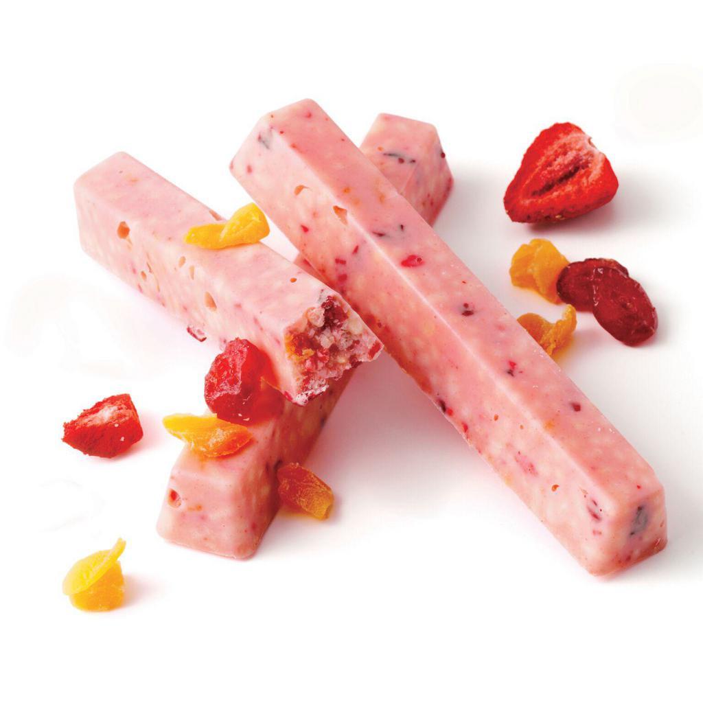 Fruit Bar Chocolate · White chocolate mixed with powdered strawberries and three kinds of dried fruit, almond puffs, and a touch of banana essence. 12 pieces per box.

Allergens: Wheat, Egg, Milk, Soy, Tree Nut (Almond)
