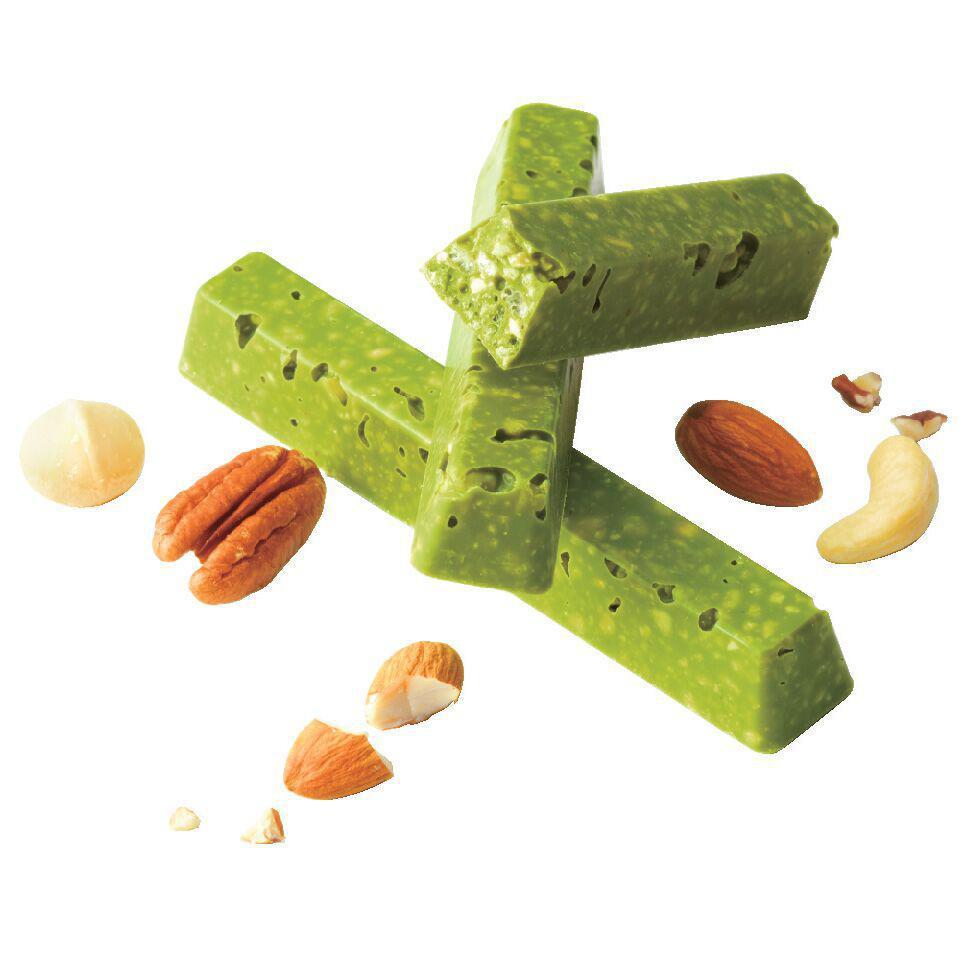 Matcha Bar Chocolate · Crunchy matcha chocolate bars packed with macadamia nuts, pecans, cashews, almonds and crispy puffs. 12 pieces per box.

Allergens: Wheat, Milk, Soy, Tree Nuts (Almond, Macadamia Nut, Cashew Nut, Pecan Nut)