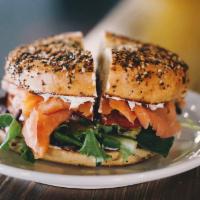 The Goldilox · Smoked salmon, tomato, mixed greens, and capers with scallion and dill cream cheese on toast...