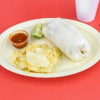 3. Burrito Combo · Burrito with meat, rice, beans inside and toppings of choice. Comes with a lays bag of chips...