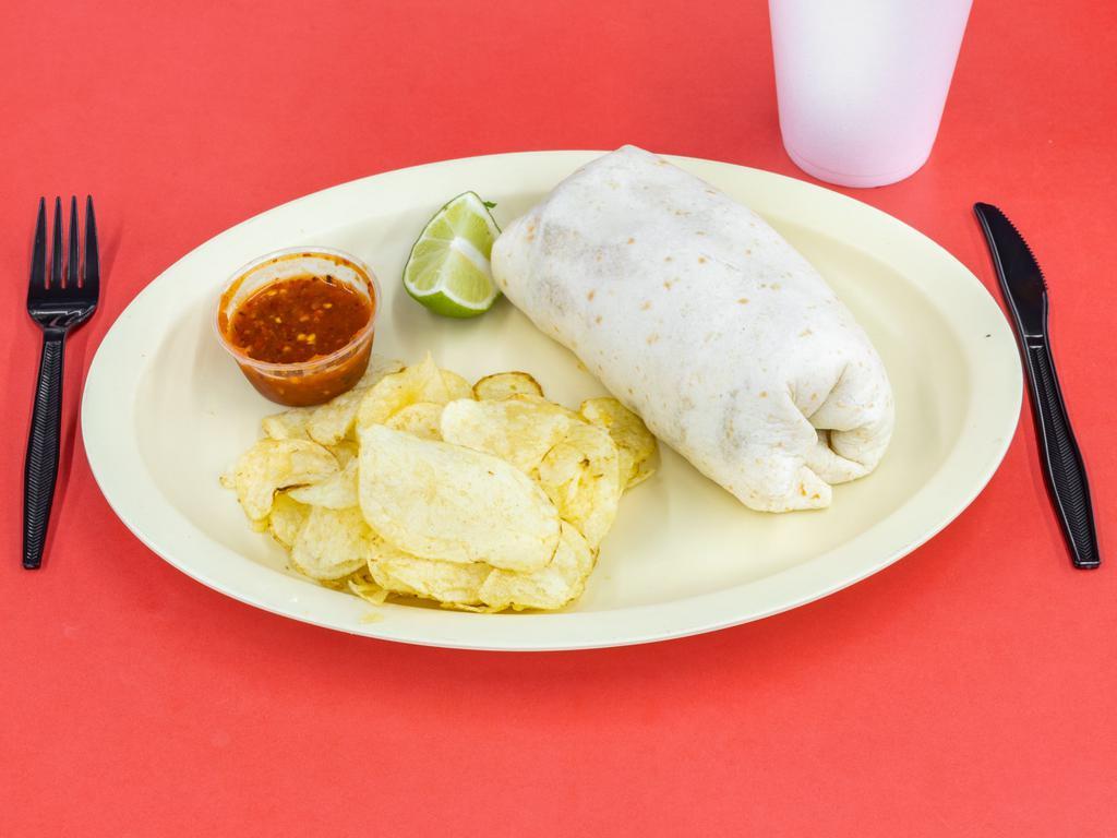 Burrito Combo · Burrito with meat, rice, beans inside and toppings of choice. Comes with a lays bag of chips (1 oz)