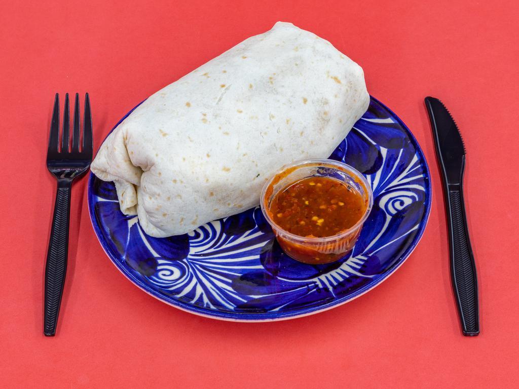 Burrito · Burrito with meat, rice, beans inside and toppings of choice.